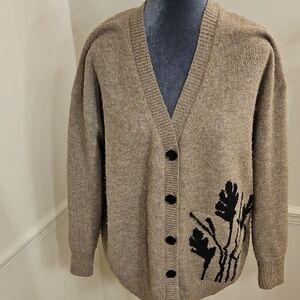 Elegant Tan Cardigan with Black Leaf Pattern